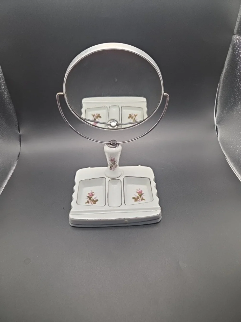 Vintage Porcelain Swivel Vanity Mirror with Floral Divided Trinket Tray